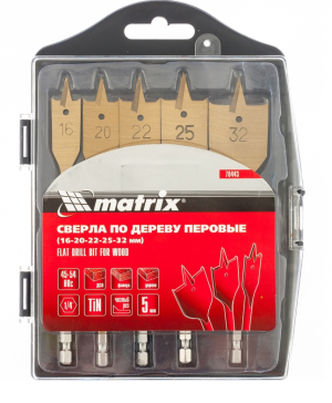 Набор сверл перовых по дереву 16-20-22-25-32 мм, 5 предметов, пластиковый кейс MATRIX